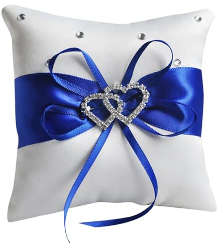 FSSTUD Kristall-Hochzeitsringkissen, Strass, Satin, Ringträger, Verlobungsring, Kissen, Brautring, Halter, Doppelherz, Ringkissen mit Band, Strass, Weiß / Blau
