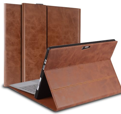 Gexmil Leder Hülle für Microsoft Surface Pro 7+ / Pro 7 / Pro 6 / Pro 5 / Pro 4,mit Stifthalter, Type Cover Kompatibel,Stoßfest,Magnetverschluss,Einstellbarer Ständer rutschfest,Braun