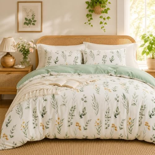 Lanqinglv Bettwäsche 135x200 cm Grün Weiß Pflanzenmuster Blätter Blumen Wende Bettwäsche Set Bettbezug mit Reißverschluss und 1 Kissenbezug 80x80,ÖkoTex Bettwäsche Set