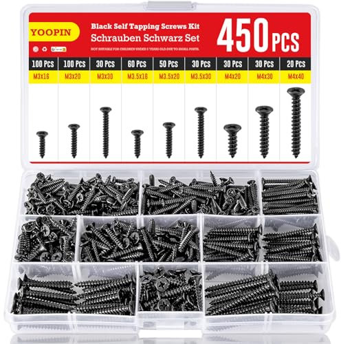 YOOPIN Schrauben Set 450 Stück, M3 M3.5 M5 Holzschrauben Set, Kohlenstoffstahl Schwarz Schrauben, Senkkopf Selbstschneidende Schrauben, Schnellbauschrauben, Gipskarton Schrauben für Reparatur