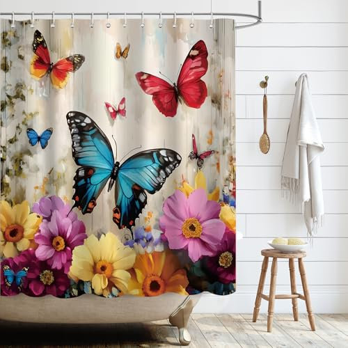 APROPHIC Tenda da doccia a farfalla, acquerello con fiori e farfalle, stile vintage, tenda da bagno, tenda da doccia per spazi vuoti del bagno, 72 x 72 pollici