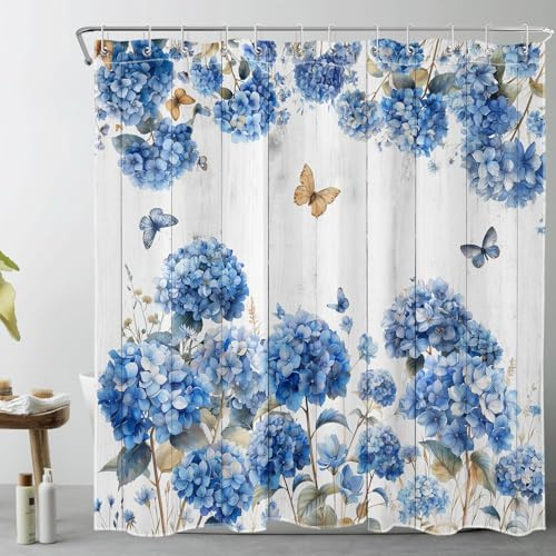 LB Blaue Blumen Duschvorhang 240x175cm(BxH) Rustikale Blume mit Schmetterling Antischimmel Wasserdicht Badezimmer Vorhänge,Graues Bauernhaus Extra Breit Polyester Stoff Bad Vorhang mit Haken