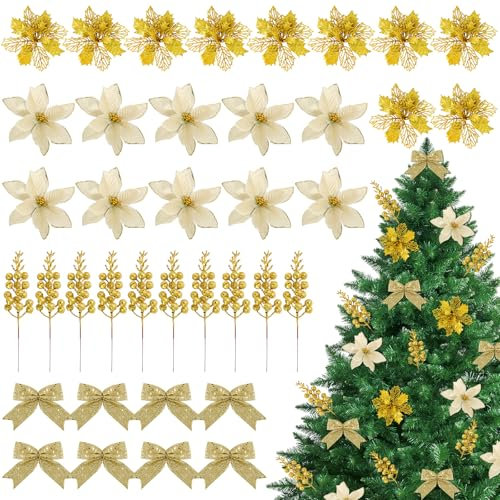 BOOMTOP 38Pcs Christmas Poinsettia Artificial Flowers Set, 2 Styles Glitter Poinsettia Flowers Artificial Berry Stems Bows with Clips for Christmas Tree Garland Party Decoration (Gold)