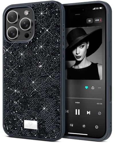 BEZ Case for iPhone 16 Pro Case Glitter, with Bling & Co. Series, Sparkle Diamond Crystal Bling Case Cover for iPhone 16 Pro, Jet Black