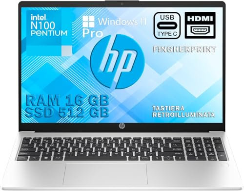 HP 250 G10 Silver Notebook,portatile, RAM 16GB, SSD 512GB, Display FullHD 15.6, Cpu Intel N100 4 Core da 3,4 GHz, tastiera retroilluminata, Win 11 Pro,Gar Italia