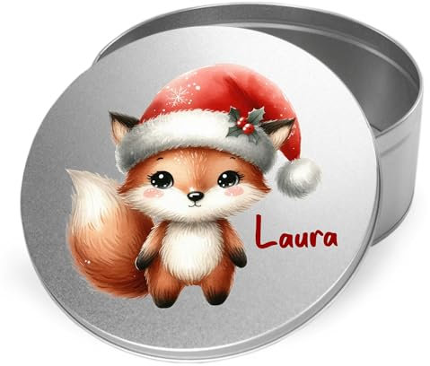 GRAZDesign Personalisierte Keksdose Weihnachten mit Fuchs Motiv und Name, Geschenkidee für Kinder, runde Plätzchendose aus Metall, Weihnachtsdeko mit Tiermotiv