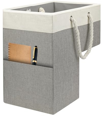 WBHWW Stair Basket with Pocket – Foldable Linen Basket with Leather Handles for Carpeted & Wooden Stairs – Ideal for Storage of Clothes, Shoes, Books & More