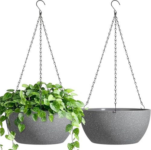 T4U Blumentopf Hängend Plastik Außen 2er Set,Φ30CM Hängetopf für Pflanzen Grau, Hängeampel Outdoor mit Haken Rund Gross,Zimmer Deko Aesthetic,Blumenampel Hängend Innen für Zuhause,Hängetopf für Büro