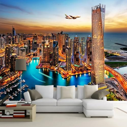 Rqwybcaxn Luxuriöses Wandbild aus Seidenstoff,atemberaubende Wandkunst für gehobene Einrichtung – satte Farben,zum Aufkleben-Dubai: Stadtansicht bei Nacht-400x280cm
