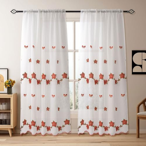 Lukery Weiß Transparent Vorhänge Wohnzimmer 2er Set, Weihnachten Stickerei Lang Halbtransparent Gardinen Vorhänge Durchsichtig für Fenster Küche Wohnzimmer Landhaus (132x241cm,Blumen)