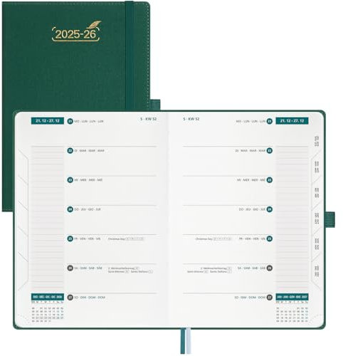 BEZEND 18-Monate Kalender 2025 2026 Terminplaner (Juli 25-Dez 26), Wochenplaner A5 1 Woche 2 Seiten mit 2 Spalten, Buchkalender 25/26 Hardcover, Waldgrün