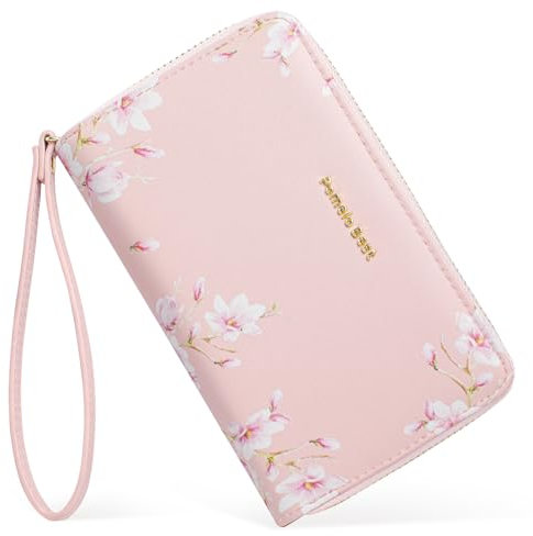 Pomelo Best Damen Geldbörse mit Blüten Muster – Stilvolles Portemonnaie mit Handschlaufe Reißverschluss RFID-Schutz Geldbeutel Geschenk für Frauen (Rosa)