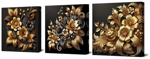 Visario 3-teiliges Leinwandbild 150x50 cm - Goldene Blumen im Barockstil, 3D-Effekt, luxuriöse Schwarz-Gold-Deko, hochwertige Kunstdrucke, gerahmt & aufhängefertig - Art.Nr. 4225