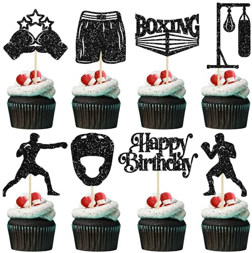 Ephlyn 24Pcs Boxing Player Cupcake Toppers Glitter Boxing Gloves Cupcake Pick Decorations Boxer Gym Theme Baby Shower Birthday Party Supplies Black