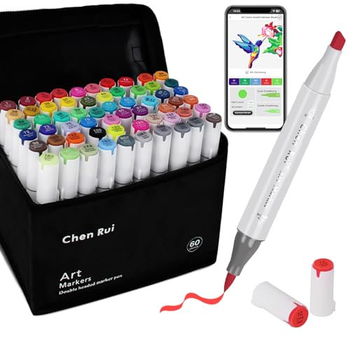 AEDAGA 60 Couleurs Feutre a Alcool avec App Gratuite, Feutres Coloriage à Doubles Pointes (Pinceau et Biseautée) pour Adultes et Enfants, Marqueur à Alcool pour Peinture, Croquis et Dessin
