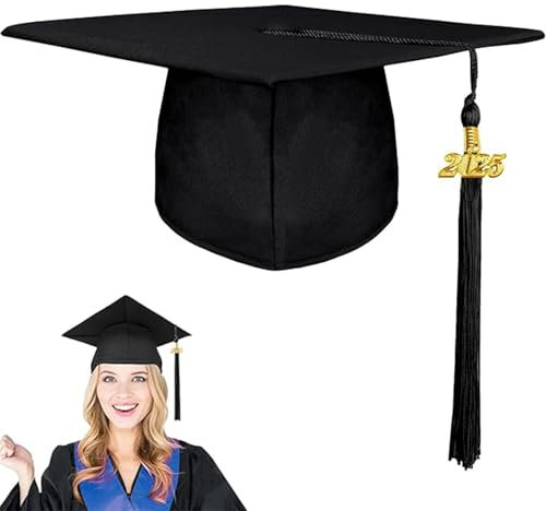 XcnPer Graduation Cap 2025 for Adults - Classic Black Mortar Board with 2025 Year Charm Tassel, Adjustable Polyester Hat for University & High School Ceremonies