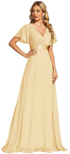 Ever-Pretty Women's Double V-Neck Short Flutter Sleeves Empire Waist Elegant Chiffon Long Evening Dresses Yellow 30UK