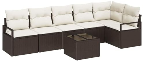 vidaXL Garten-Sofa-Set mit Kissen mit Speicher 7 pcs Braun und Creme, Garten und Terrasse, modernes Sofa-Set mit Stauraum, rechteckige Rattan-Sitze, strapazierfähige Lounge