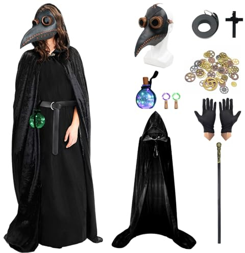Plague Doctor Costume Set, Retro Leather Bird Mask Plague Doctor Mask with Black Hooded Cloak Cross Necklace Cane Black Gloves Steampunk Gears Potion Bottle Belt Pouch Fancy Dress Halloween Costumes