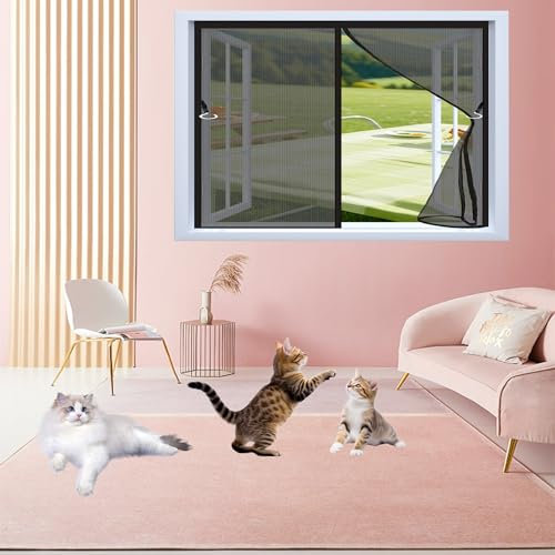 Magnet Fliegengitter Balkontür 118 x 124 cm Ohne Bohren Magnet Insektenschutz Fenster Luft Kann Frei Strömen Nicht Kürzbar mit Selbstklebendes Klettband, Schwarz