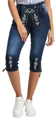 Steigenhöfer, jeans per costume tradizionale bavarese, Ida – Pantaloni elasticizzati al ginocchio a 3/4 Capri in look da pelle – Jeans corti da donna per Oktoberfest – Pantaloni in pelle, Blu, 46