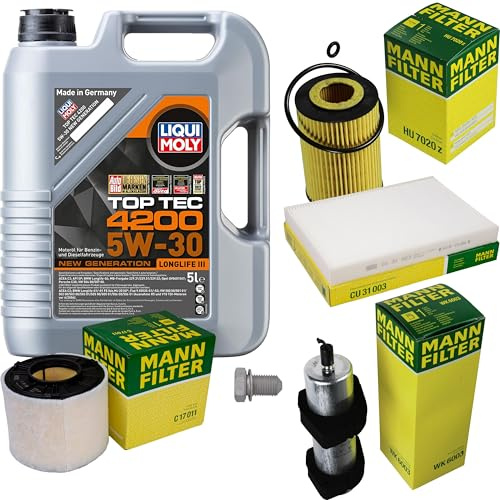 EISENFELS Inspektionspaket enthält 5 Liter Motoröl Top Tec 4200 5W-30 Ölfilter Luftfilter Innenraumfilter Kraftstofffilter Verschlussschraube kompatibel mit A5 Sportback F5A 40 TDI 2.0 F53 A4