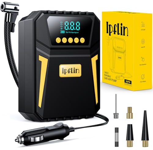 Ipflin Kompressor Auto Autoreifen Pumpe – 12V DC Digitaler Luftkompressor Auto mit Manometer, 10,3 Bar & Automatischer Abschaltung. Ideal als Autoreifen Pumpe für Fahrräder und Bälle