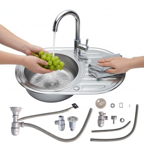 Mucola Einbauspüle Küchenspüle Edelstahl mit Rundbecken 77x50 cm Silber | Abtropffläche rechts, Becken Ø 36,5 cm, hygienisch, satinierte Oberfläche, inkl. Ablaufgarnitur und Ablaufsieb