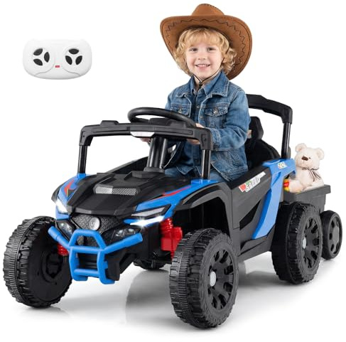 GOPLUS Electro Traktor mit Anhänger, Elektroauto 12V mit 2.4G Fernbedienung, Scheinwerfer, Hupe & Musik, Kindertraktor UTV Mit Vorwärts- & Rückwärtsfunktion, für Kinder ab 3 Jahren (Blau)