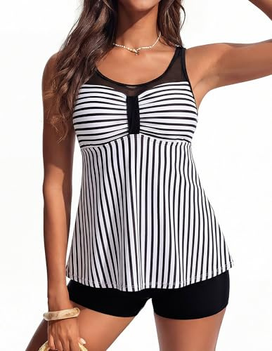 Hanna Nikole Tankini Damen Set,Bauchweg Badeanzug,Zweiteilig Bogen Tankini Oberteil Mit High Waist Badeshorts,Maschenverbindung Badebekleidung,Verstellbare Bademode,Flowy Strandmode Schwimmanzug