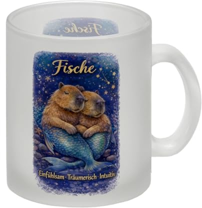 Fisch Sternzeichen Cabybara Glas Tasse für Astrologie Fans lustiger Tierkreis-Becher für Büro & Zuhause
