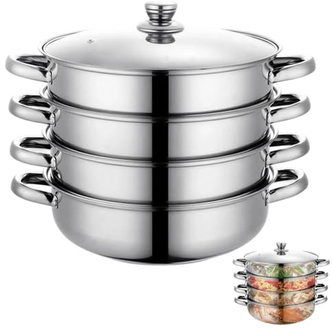 CEWROM Dampfgarer zum Kochen – 28 cm Edelstahl-Dampfgarer mit Dämpfeinsatz, 3/4-stöckiges Schongarer mit Glasabdeckung, Dämpfer Kochtopf Gemüse Kochgeschirr Knödel Alle Herdarten Geeignet (4)