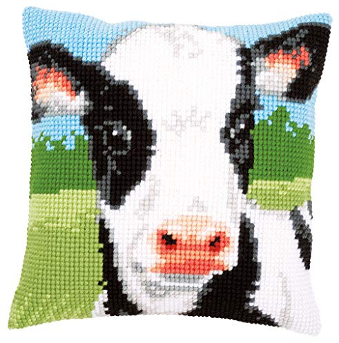 Vervaco Kreuzstich Stickpackungen Kissen Stickerei Set Anfänger Vorgedruckt Kuh DIY Set Kreativ Set Für Erwachsene Dekoratives Kissen ca. 40 x 40 cm Bastelset Handwerker Haus Dekoration