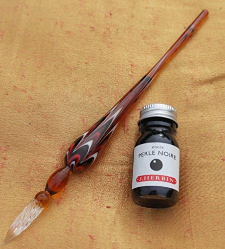 J HERBIN Rouge Marbre Verre Dip Stylo avec bouteille de 10 ml d'encre noire