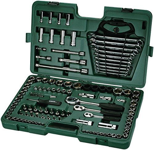 SATA ST09014SJ 124 Stück 1/4 Zoll, 3/8 Zoll und 1/2 Zoll Antrieb metrisch/SAE 6 Punkt Steckschlüsselsatz aus Hochleistungslegierungsstahl für maximale Festigkeit und Haltbarkeit