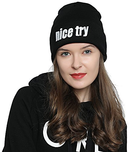 DonDon Mütze Damen Beanie Statement Wintermütze Nice Try