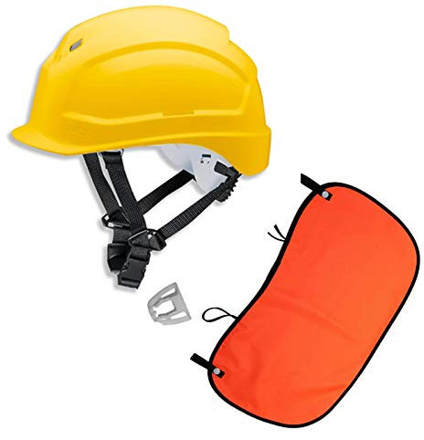 Schutzhelm pheos S-KR EN 397- Vormontierter 4-Punkt Kinnriemen und Vollsichtbrillenclip + Nackenschutz orange mit BG Bau Förderung, Farbe:gelb