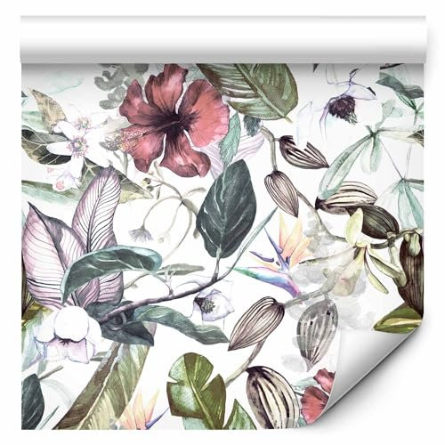 murando - Tapete selbstklebend 10m Wandtattoo dekorative Möbelfolie Dekorfolie Fotofolie Panel Wandaufkleber Wandposter Wandsticker - Tropische Blätter Blumen Pflanzenmotiv b-C-0242-j-a