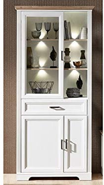 möbelando Vitrine Standvitrine Vitrinenschrank Holzvitrine Wohnzimmerschrank Jillana I Pinie hell/Artisan Eiche