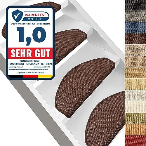 Floordirekt Sisal Stufenmatten braun innen 15 Stück halbrund, Treppenstufen Matten für Holztreppen, antirutsch Treppenteppich Selbsklebennd und Allergikerfreundlich (Maße ca. 64 x 23,5 cm)