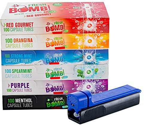 Fresh Bomb Click Hülsen probier Paket mit Allen Sorten, Artic, Orange, Beere, Menthol, Pfefferminz inkl Gratis Stopfer