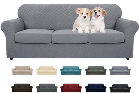 MAXIJIN Stretch Sofabezug 3 Sitzer Thick Couchbezug mit Separatem 3 Kissenbezügen Schonbezug Sofa für Wohnzimmer mit Elastische Bänder und Schaumstoffstäbe (3 Sitzer, Hellgrau)