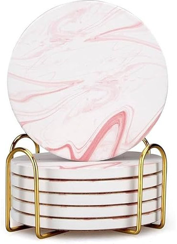 6 Stück niedliche rosa Marmor-Untersetzer für Getränke, saugfähige Keramik-Tassen-Untersetzer mit Halter, dekorativ, rund, Teekork-Untersetzer, Cooles Bar-Untersetzer-Set, Moderne Untersetzer,
