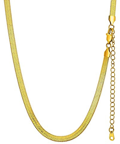 GOLDCHIC JEWELRY Stainless Steel Chain Necklace for Women, 3mm/5mm Snake Chain Herringbone Choker Necklaces, Gold/Silver/Rose Gold, 12/15/18 inches (3.5 inch Extenders), Gold Plated, No Gemstone