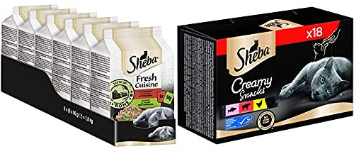 Sheba Fresh Cuisine Taste of Rome - Hochwertiges Katzen Nassfutter - Truthahn und Huhn - 36 x 50g & Creamy Snacks - Cremiges Katzen-Leckerli mit je 6X Huhn, Lachs, 1er Pack (1 x 216 g)