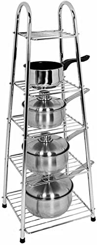TRTO 5 Tier Chrome Saucepan Pot Pan Stand Rack Storage Organizer Holder Unit Kitchen