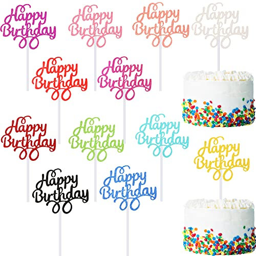 12 Colors Happy Birthday Cake Toppers Glitter Cake Toppers Birthday Cake Topper Picks Cupcake Toppers Birthday for Birthday Party Supplies Baby Shower, 12 Pieces