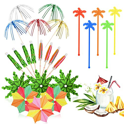 Hoiny 100 Pcs Cocktail Accessories Cocktail Umbrellas for Drinks,Cocktail Party Decorations with Mini Paper Umbrella,Sparkle Fireworks Sticks,Coconut Palm Tree Umbrella and Stirrers,Home Bar