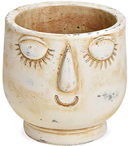 matches21 Pflanzkopf Pflanztopf Blumentopf freundliches Gesicht Übertopf Zement Creme & Antik-Finish 1 STK Ø 13x14 cm