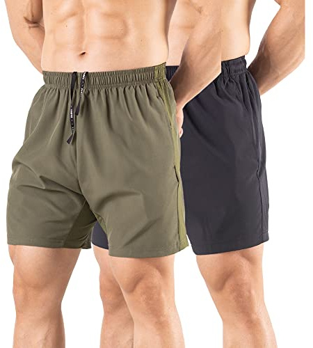 Gaglg Men's 5 Running Shorts 2 Pack Quick Dry Athletic Workout Gym Shorts with Zipper Pockets Black/Green,Large